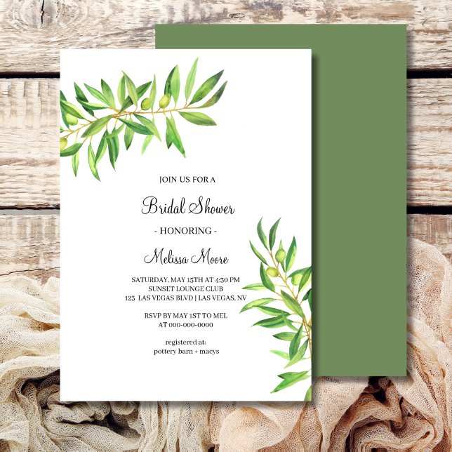 Modern simple olive branch bridal shower invitation (Creator Uploaded)