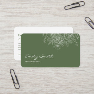 Modern Simple Olive Green Flower Line Art QRCode  Business Card