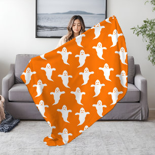 Modern Simple Orange and White Ghosts Halloween Fleece Blanket