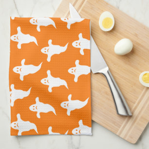 Modern Simple Orange and White Ghosts Halloween Kitchen Towel