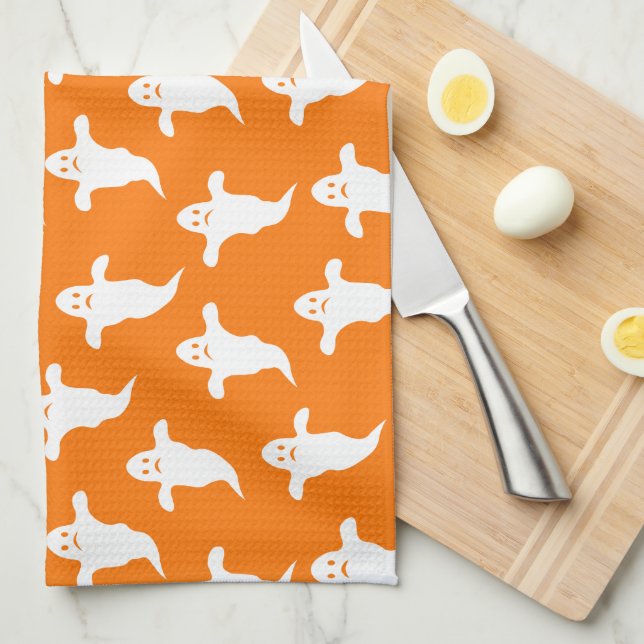 Modern Simple Orange and White Ghosts Halloween Kitchen Towel (Quarter Fold)