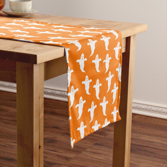 Modern Simple Orange and White Ghosts Halloween Short Table Runner (In Situ)