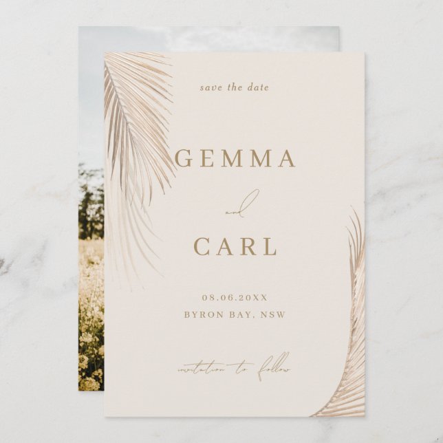 Modern Simple Palm Leaves Photo Save the date Invitation (Front/Back)