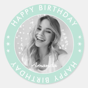 Modern Simple Pastel Aqua Happy Birthday Photo Classic Round Sticker