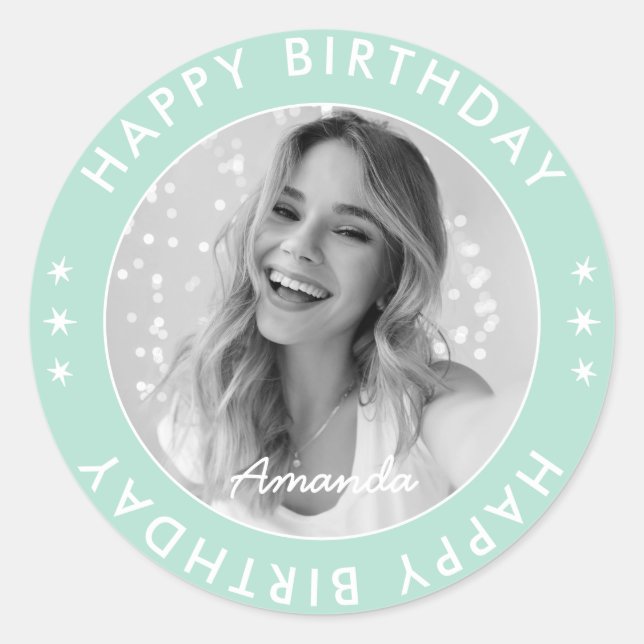 Modern Simple Pastel Aqua Happy Birthday Photo Classic Round Sticker (Front)