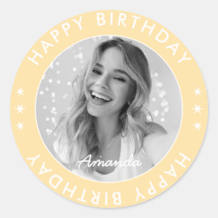 Modern Simple Pastel Yellow Happy Birthday Photo Classic Round Sticker