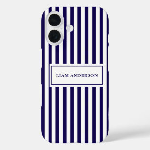 Modern Simple Personalized Navy Vertical Striped iPhone 16 Case