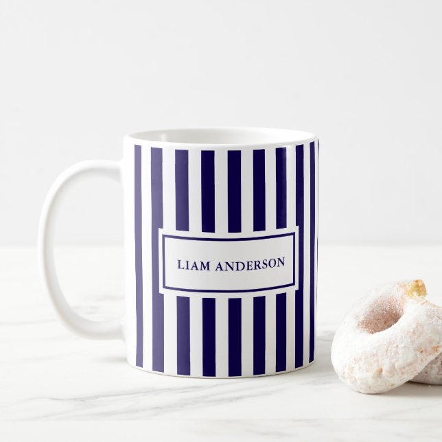 Modern Simple Personalized Navy Vertical Striped Coffee Mug (With Donut)