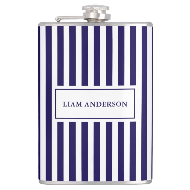 Modern Simple Personalized Navy Vertical Striped Hip Flask (Front)
