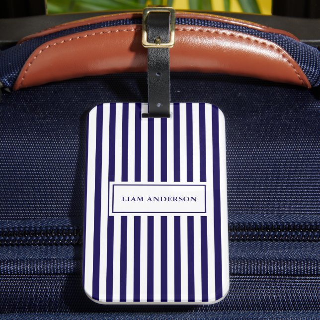Modern Simple Personalized Navy Vertical Striped Luggage Tag (Front Insitu 2)