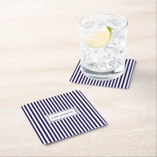 Modern Simple Personalized Navy Vertical Striped Square Paper Coaster