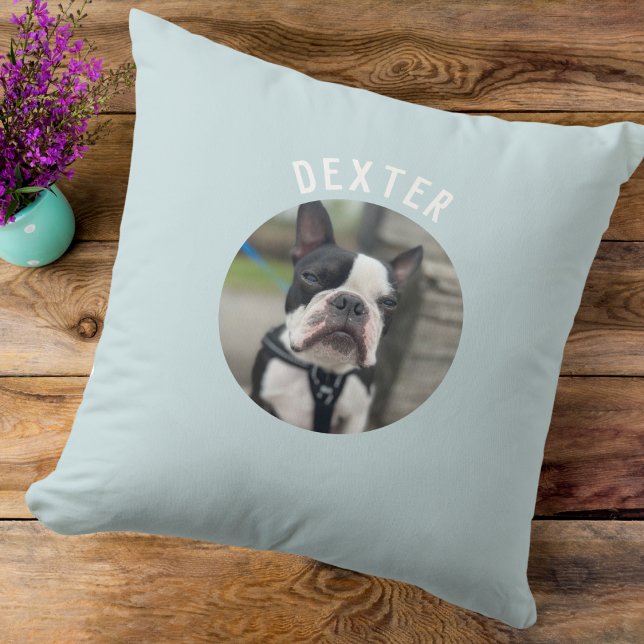 Modern Simple Pet Photo Pale Blue Personalized  Throw Pillow (Creator Uploaded)