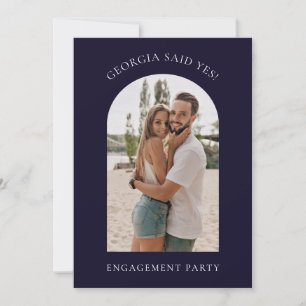 Modern simple photo dark blue engagement party holiday card