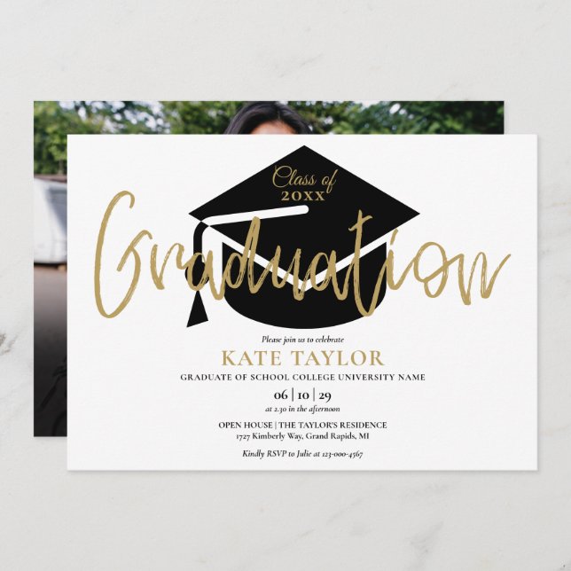 Modern Simple Photo Gold Script Graduation Party Invitation (Front/Back)