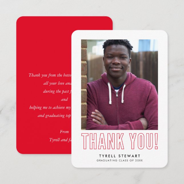 modern simple photo GRAD THANK YOU bold red Card (Front/Back)