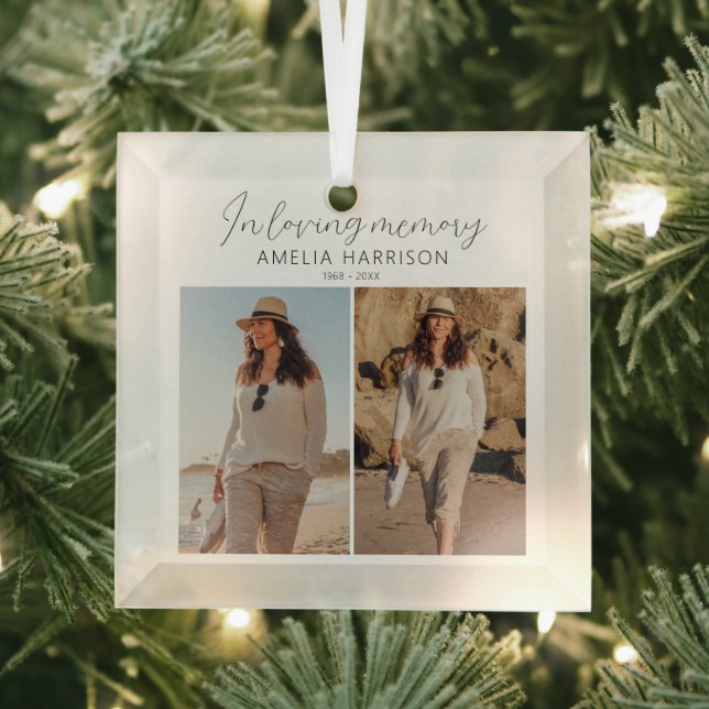 Modern & Simple Photo Memorial Christmas Tree Glass Ornament (Insitu)