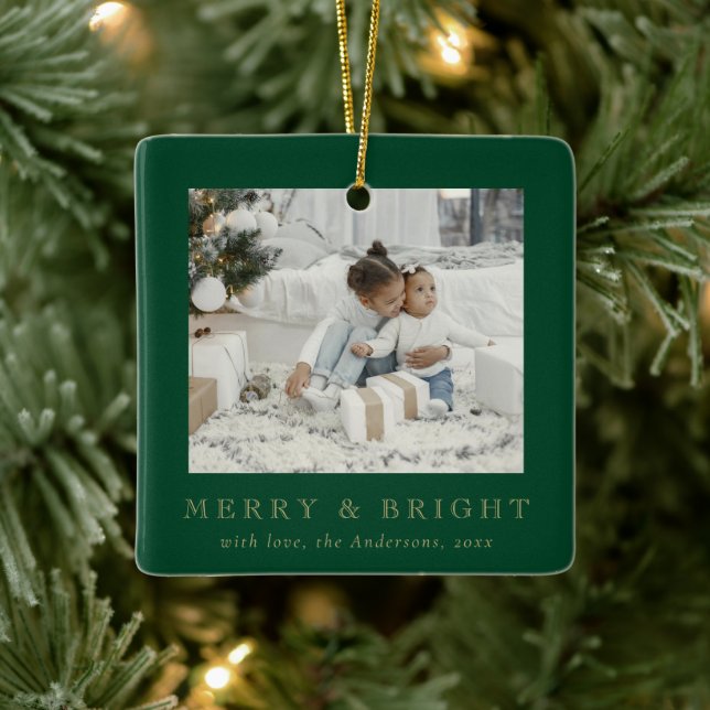 Modern Simple Photo Merry and Bright Christmas Ceramic Ornament (Tree)