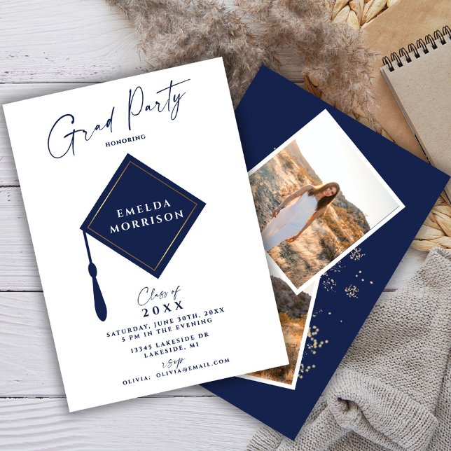 Modern Simple Photo Navy Blue Graduation Party Invitation (Creator Uploaded)