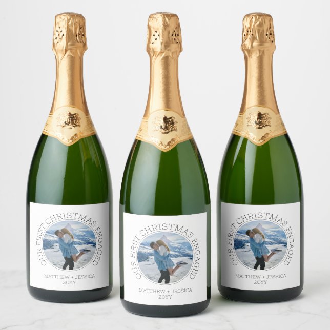 Modern SImple Photo Our First Christmas Engaged Sparkling Wine Label (Bottles)