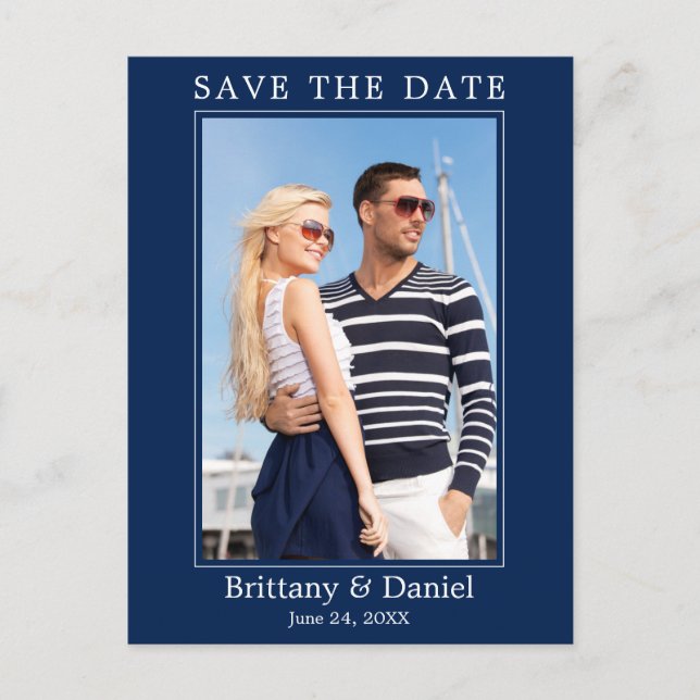 Modern Simple Photo Save The Date Navy Blue Postcard (Front)