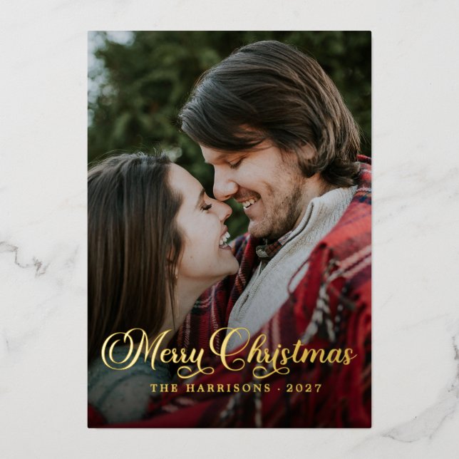 Modern Simple Photo Script Merry Christmas Tartan Foil Holiday Card (Front)