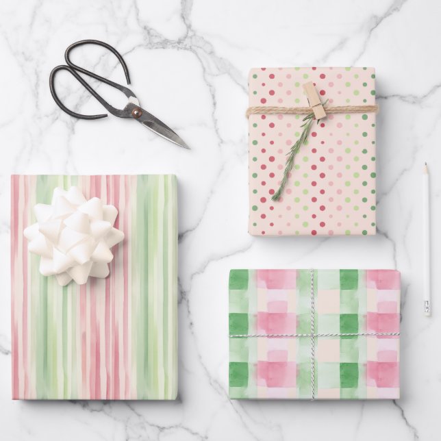 Modern Simple Pink and Green Watercolor Wrapping Paper Sheet (Front)