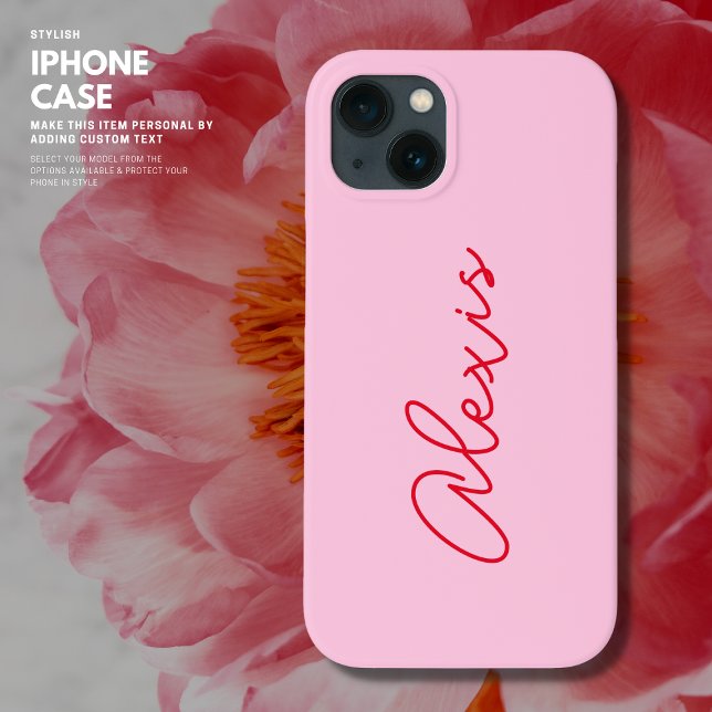 Modern Simple Pink and Red Name Script Monogram Case-Mate iPhone Case (Creator Uploaded)
