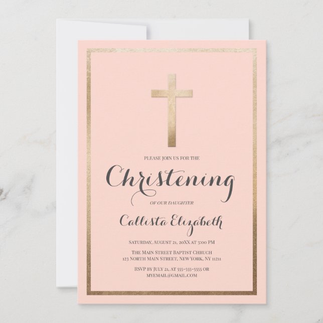 Modern Simple Pink Gold Cross Border Christening Invitation (Front)