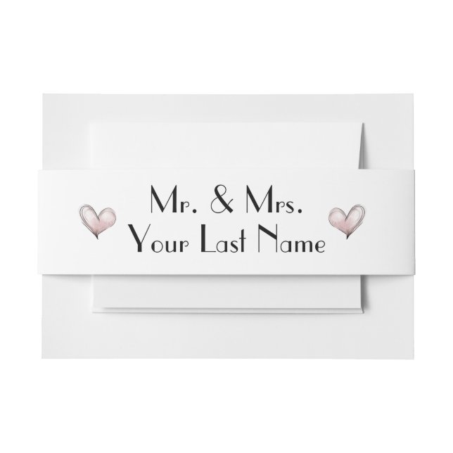Modern Simple Pink Hearts Mr + Mrs  Invitation Belly Band (Front Example)