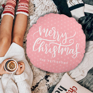 Modern Simple Pink Merry Christmas Name Round Pillow