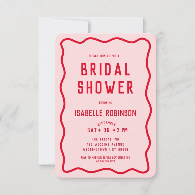 Modern Simple Pink Red Squiggle Wavy Bridal Shower Invitation (Front)