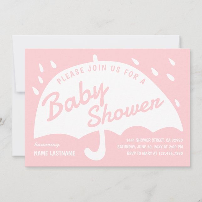 Modern Simple Pink White Umbrella Rain Baby Shower Invitation (Front)