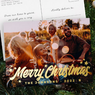 Modern Simple Playful Greetings Stars Family Photo Foil Holiday Postcard