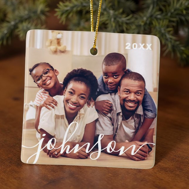 Modern Simple Playful Script Family Photos Ceramic Ornament (Creator Uploaded)
