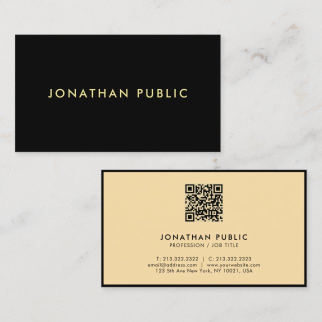 Modern Simple Professional QR Code Black And Gold Business Card (Front/Back)