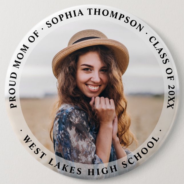 Modern Simple Proud Mom Graduate Photo Dark 6 Inch Round Button (Front)