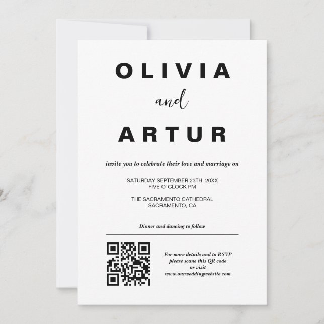 Modern Simple QR Code Black and White Wedding  Invitation (Front)