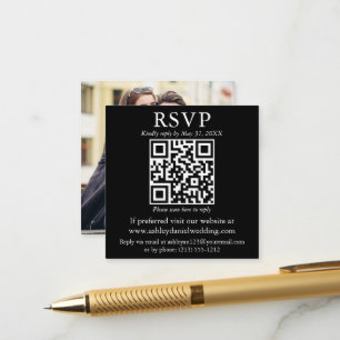 Modern Simple QR Photo Wedding Black RSVP Enclosure Card