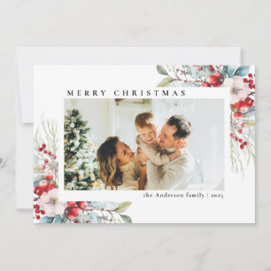 Modern Simple Red Berries   Photo Christmas Holiday Card