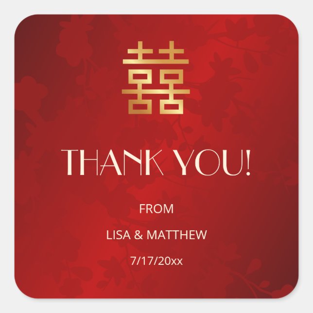 Modern Simple Red Chinese Wedding Thank You Square Sticker (Front)