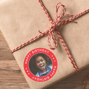 Modern Simple Red Kids Happy Birthday Photo Classic Round Sticker