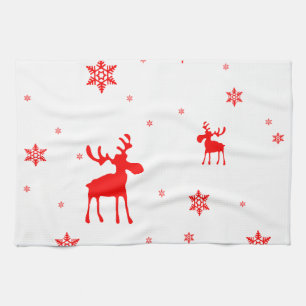 Modern Simple Red Moose Snowflakes Kitchen Towel