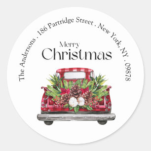 Modern Simple Red Truck Christmas Return Address Classic Round Sticker