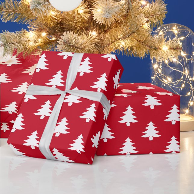 Modern Simple Red White Christmas Trees Pattern Wrapping Paper (Holidays)