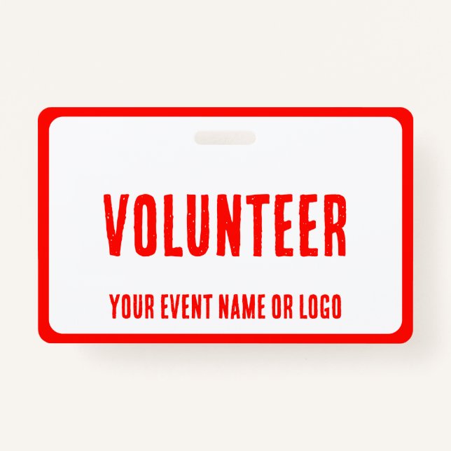 modern simple red white volunteer event badge (Front)