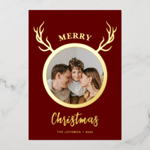 Modern Simple Reindeer Horn Photo Red Foil Holiday Card