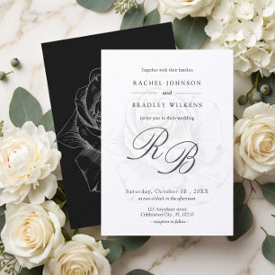 Modern Simple Rose Detail Black and White Wedding Invitation