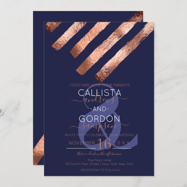 Modern Simple Rose Gold Navy Brushstrokes Wedding Invitation (Front/Back)