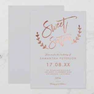 modern simple rose gold sweet 16 typography invitation