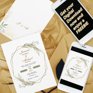 Modern Simple Sage Green Daisy Floral Elegant Gold Invitation